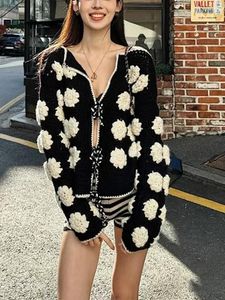 Cardigan de malha feminina 2024 lã crochê bordado floral renda vintage suéter de manga comprida