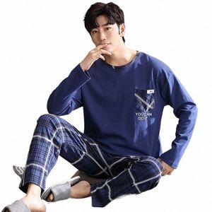 autumn Cott Men Pajamas Sets Classic Plaid Printed Pant Sleepwear Youth Boy Homewear Korean Fi Pijamas Hombre Pyjama K6cr#