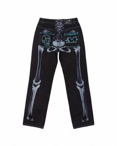 y2k Skull Print High Waisted Hiphop Denim Pants Street Male Black Dragging Trouses Gothic Fi Loose Baggy Jeans Men Clothing P8ty#