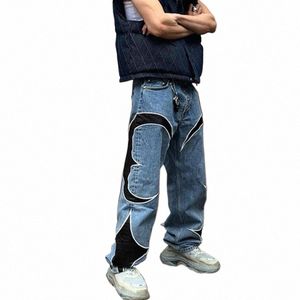 Brev broderi pu leher lapptäcke baggy y2k jeans män streetwear rak överdimensionerade denimbyxor unisex lastbyxor n8b7#