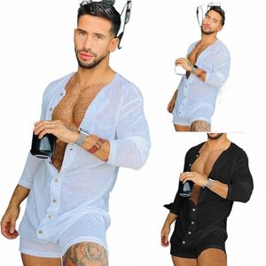 2024 Sexy Pijamas Macacão Homens Cor Sólida Apertado O-pescoço LG Manga Pijamas Verão One-Peça Butts Casa Roupas com Shorts R89m #