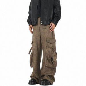 Retro Cargo Suede Pant Men Casual Large Pocket Loose Tube Draped Wide Leg Pants Male High Street Straight Brown Baggy Trousers C3ao#