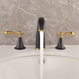Смесители для раковины в ванной, модный черный, золотой, латунный смеситель с тремя отверстиями и двумя ручками, смеситель для раковины, медный холодный смеситель высокого качества