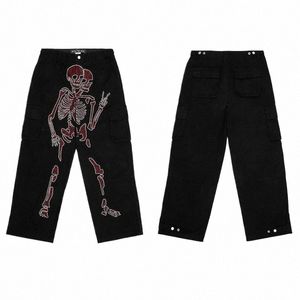 Y2K SKULL Graphic Pants Mężczyźni HARAJUKU GOTHIC URFACE Water Pleated Diamd Cargo Spodnie workowate Hip Hop Streetwear Casualne spodnie Nowe H7S7##