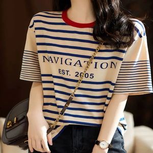 Spring Summer ONeck Letter Printing Short Sleeve Cotton Striped Tshirt Womens Clothing Loose Fashion Casual Tops 240315