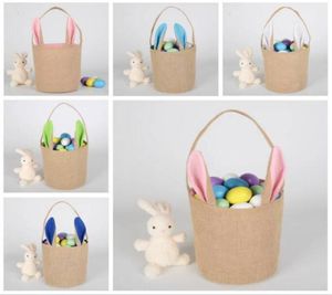 Easter Bunny Basket Jute Rabbit Ear Bucket Easter Diy Eggs Bag Tote Creative Candy Gift Handväska Cartoon Cute Round Festival Canvas7184395