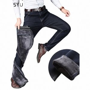 2022 Winter Warm Fleece Jeans Men Straight Fit Stretch Cott Thick Veet Pants Blue Black Casual Trousers Male Plus Size 28-40 U7Cj#