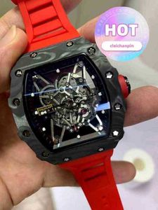 watch Date Luxury Mens Mechanics Watch Red Black Rubber Men Sapphire Automatic Mechanical Carbon Fiber Calendar Skeleton Glass Back See Through Top quality