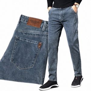 Autumn Men jeans busin fi rak vanlig blå stretch denim byxor klassiska män plus storlek stretch jeans 06z9#