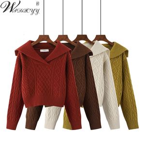 Croped Sticke Pullover Women Solid Peter Pan Collar Red Sweater Korean Style Långärmning Knitwear Top Jumper Fall Winter S-XL 240318