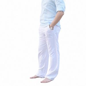 Homens Cott Linho Wed Leg Calças Verão Casual Confortável Pescador Solto Calças LG Branco Preto Sólido Outono Plus Size d5sh #