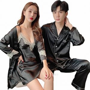 autumn Men Couple Pajamas Set V Neck Plus Size Home Service Suit Casual Male Couples Sleepwear Nightwear Spring Ice Silk Night S1o1#