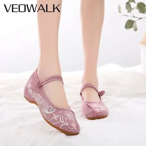 Veowalk Soft Cotton Fabric Embroidered Women Mary Jane Ballet Flats Chinese Style Comfortable Casual Walking Shoes White Pink 240307