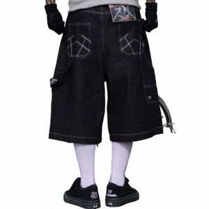 high Street Embroidery Casual Over Knee Summer Jeans Shorts Men's Wide Leg Baggy Y2K Denim Short Oversized Five Point Pants P2A7#