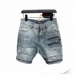 High Street Ripped Men's Design Sense Zipper Ing Slim Summer Denim Shorts V8ol#