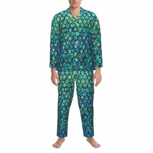 Colorido brilho pijamas homens sereia escalas imprimir na moda lazer pijamas outono duas peças retro oversized gráfico conjuntos de pijama n390 #