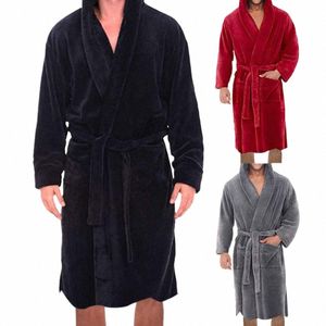 Solidny pasek kolorowy flanelowa szata z kapturem kieszenie ciepłe mężczyźni koszuli nocne ubrania do śpiącego szlafroki piżamę f6sn#