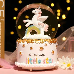 Коробки творческий мультфильм Unicorn Crystal Ball Romantic Light Light Snow Music Box Home Desktop