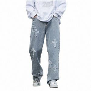 Fi masculino solto perna larga baggy jeans streetwear impresso cruz denim calças homem hip hop calças largas 66lg #