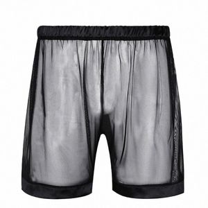 black Mens Lingerie Hot Shorts Sleepwear See-through Mesh Loose style Sexy Male Lounge Boxer Shorts Nightwear z6Wt#