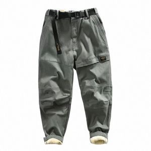 Autumn Winter New Men's Cargo Veet Pants Loose Belt Bekväm mjuk stuga Multi Pockets Retro Street Trousers AZ381 Q1Z4#