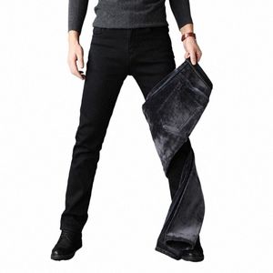 2024 Men Fi Winter Jeans Black Color Slim Fit Stretch Thick Veet Pants Warm Denim Casual Fleece Trousers Male J8BT#