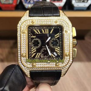 Ny lyx 45mm WGSA0017 W2SA0008 Black Dial Japan VK Quartz Chronograph Movement Mens Watch Gold Diamonds Case Leather Strap SPOR247H