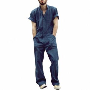 FI Kort ärm Solid Color Overalls Pants Streetwear Zip Pocket Laper Jumpsuit Workwear Overalls Byxor Kläder för män S2HE#