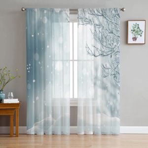 Cortinas de inverno com ramos de neve, cortinas transparentes de chiffon para sala de estar, quarto, decoração de casa, janela, voile, tule