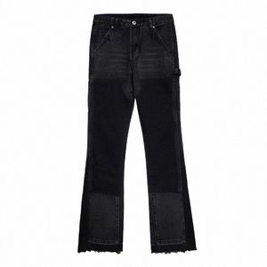 liluo personalizado de alta qualidade preto cinza laser calças masculinas flare empilhados jeans estilo punk empilhados retalhos calças jeans K6Ok #