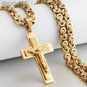 Homens religiosos crucifixo 14k ouro amarelo cruz pingente colar pesado corrente bizantina colares jesus cristo santo jóias presentes 9mfe