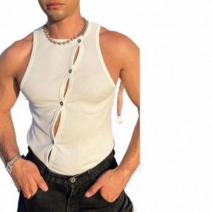 2024 Fi Men Elastic Tight Tank Tops Irregular Butt Cardigan T Shirts Summer Casual Muscle Sexy Mens Vest Sleevel Tee f3II#