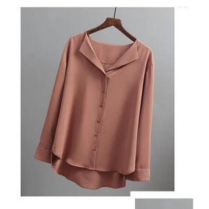 Womens Blouses Shirts 2023 Summer Chiffon Irregar Light Shirt Button Loose Long Sleeve Office Casual Solid Color Blouse Top Lady Drop Otoub