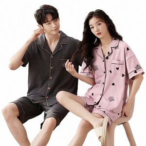 Korean Fi Cott Short Sleepwear för par Kvinnor och män som matchar Cardigan Nightear Summer Casual Homewear Pyjama Homme W9MC#