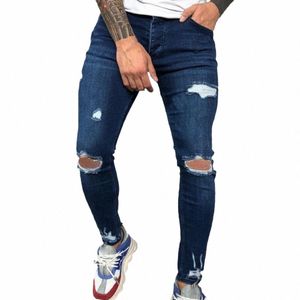 FI män byxor smala knä rippade hål 2 färger jeans för män delade design mager män denim byxor streetwear l0lg#