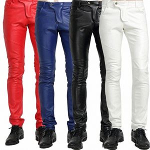 Idopy qualità PU inverno linea sexy rosso sottile stretto maschio pantaloni da uomo moto nero skinny biker pantaloni in pelle Jogger blu 83C3 #