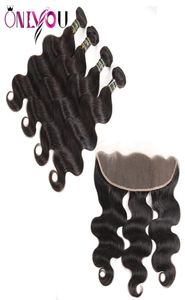 Onlyou fornecedor superior cabelo brasileiro onda tece pacotes com fechamento frontal vison cabelo virgem brasileiro pacotes fita hair9142398