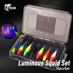 Leydun Luminous Horizo​​ntal Squid Jig Wood Shrimp Squid Hook 14pcs/set釣りルアーOctopus cuttlefish Shrimp Saltwater Baits 240314