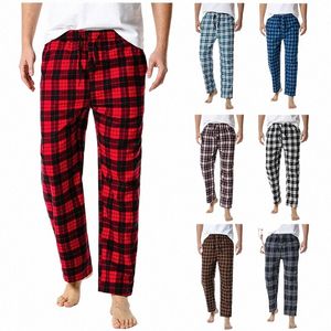 Męskie spodnie domowe Cott Super miękkie mężczyzn Joggers dresowe sprężystyki Flanelowa Plaid Pajama Spodnie Czerwony zielony niebieski czarny biały f834#