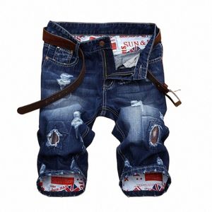 Nya FI-mens rippade korta jeans märke kläder Bermuda Summer 90% Cott Shorts Breattable Denim Shorts Male Storlek 28-38 K005#
