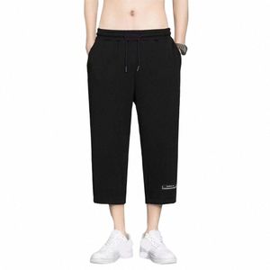 elastic Waist Drawstring Trousers Men Cropped Pants Men's Ice Silk Mid-calf Drawstring Pants with Quick Dry for Comfort Y6Jp#