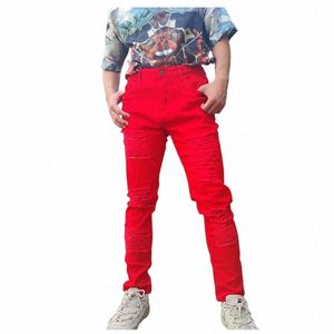 fi Street Style Ripped Skinny Jeans Men Red Color W Solid Denim Lg Trouser Mens Casual Slim Fit Pencil Denim Pants c2mk#