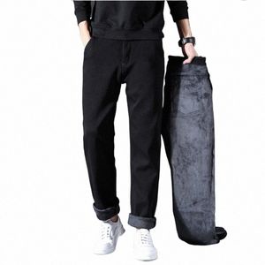 Winter Neue Männer Warme Jeans Busin Fi Stil Schwarz Blau Denim Gerade Fleece Linie Dicke Hosen Männliche Marke Hosen X4Ge #