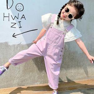 Fantasy Purple Girls Overalls Middle Big Childrens Loose Casual Croped Pants Summer Thin Suspenders 240307