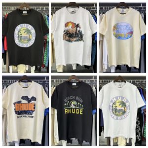 Erkek Tshirt Rhude Man T Shirt Tasarımcı Gömlek Tide baskılı erkek tişörtler erkek kadın mürettebat boyun kısa kollu pamuk tees sokak kıyafeti rhude büyük boy üstleri kıyafet kadın