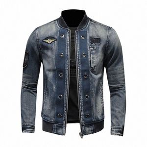 european Style Stand Collar Patch Bomber Pilot Blue Denim Jacket Men Jeans Coats Motorcycle Casual Outwear Clothing Overcoat S9AD#