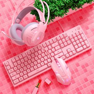 Mice Gaming Combos Pink 19 Keys Free Punch Wired Usb Keyboard 4800dpi Mouse Noise Canceling Headphones Gaming Accessories Pc Full Set