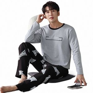 Suochao Spring Autumn Cott Pajama na męskie luźne swobodne druk kreski piżamę 2pcs zestawy koszulki nocnej odzieży domowej R5N5#