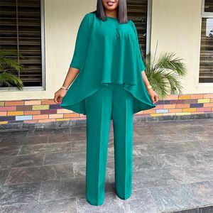 Etnik Giyim Sıradan Gevşek Fit 2 Parça Setleri Afrikalı Kadınlar Abaya Kıyafetleri Yüksek Düşük Tişörtün Üstleri Geniş Bacak Pantolonları Takım Parti Dashiki Femme