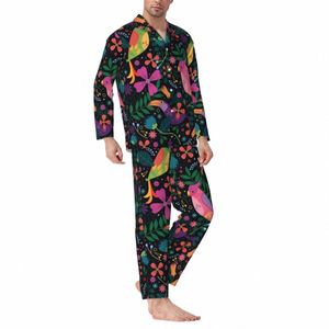 pajamas Male Parrot Floral Print Night Sleepwear Enchanted Bird 2 Pieces Aesthetic Pajama Set Lg Sleeves Oversized Home Suit u4SC#